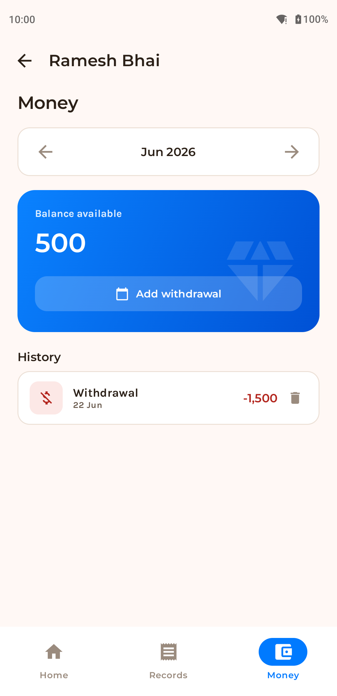 Withdrawal tracking with balance